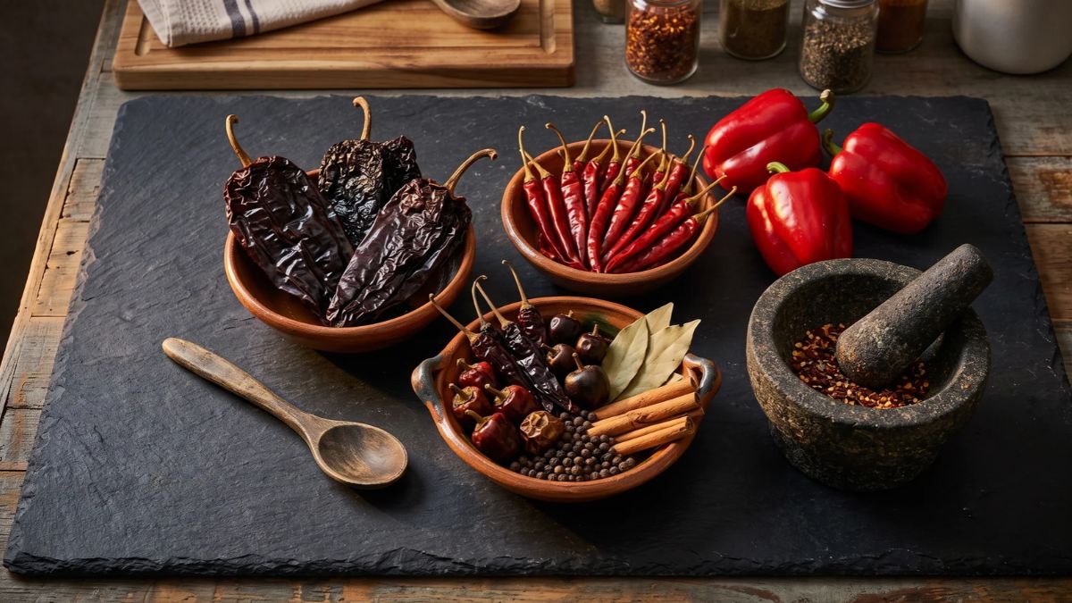 An overhead culinary photograph of three terracotta bowls on a slate board. One bowl holds dark dried ancho chiles, another holds bright red chiles de árbol, and the third contains a mix of whole spices including cinnamon, peppercorns, and bay leaves. A stone mortar and pestle with crushed red pepper and a wooden spoon rest nearby.