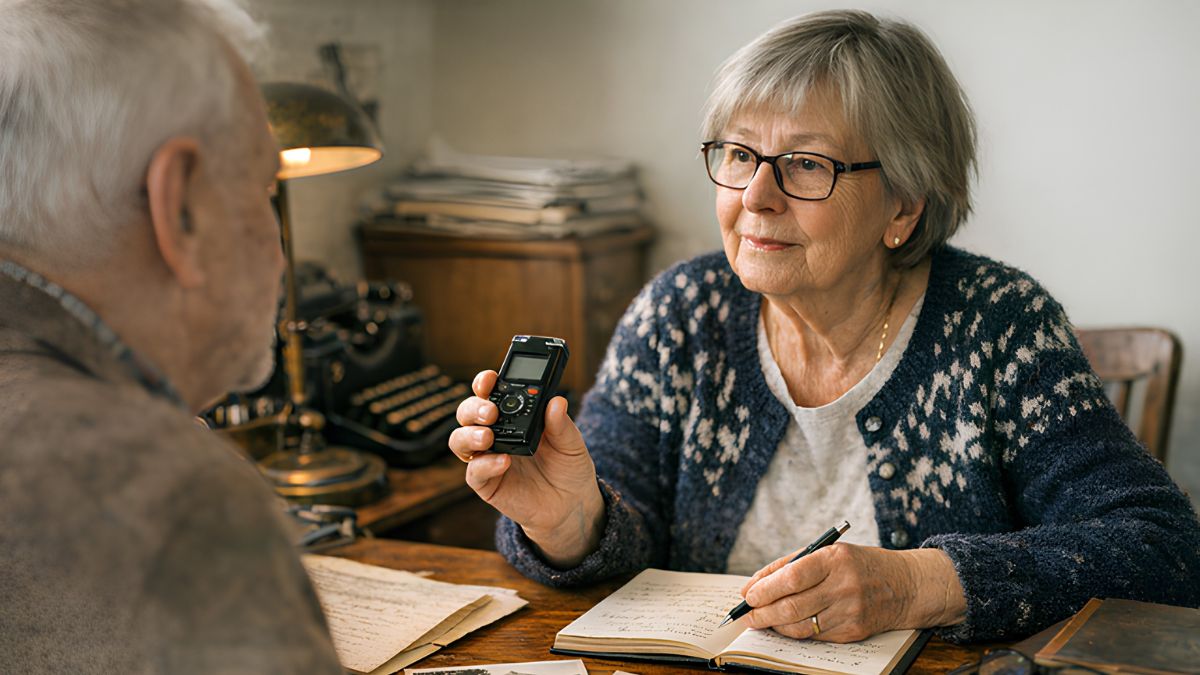 A person in a local library comparing a historical map of a city with the modern street layout outside the window to research neighbourhood history.