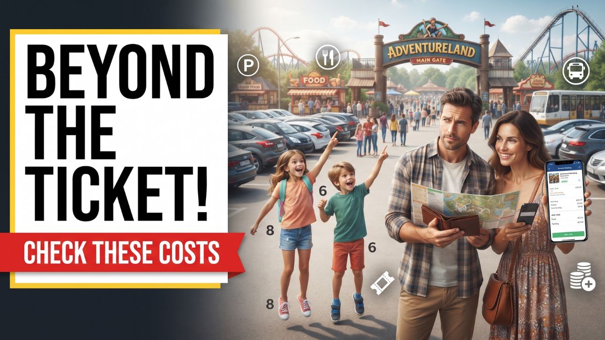 A family of four with excited children stands outside a theme park entrance. Large text on the left reads "BEYOND THE TICKET! CHECK THESE COSTS." The image includes icons for parking, food, transport, and a mobile app showing a booking summary with extra fees.