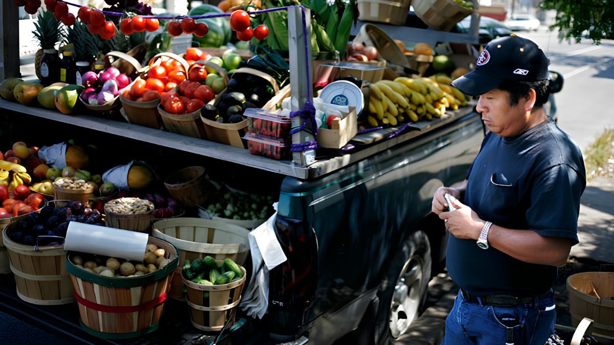 Local business owner standing beside a truck bed packed with fresh fruits and vegetables in San Ysidro