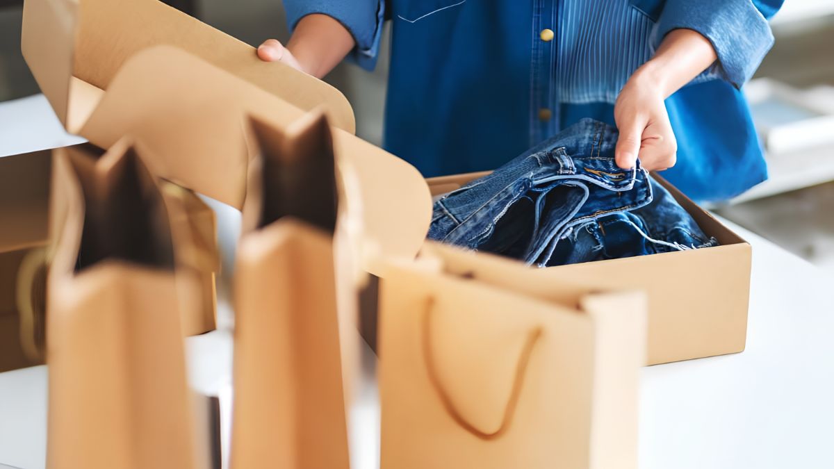 Retail worker folding and packing denim apparel into a cardboard shipping box alongside shopping bags
