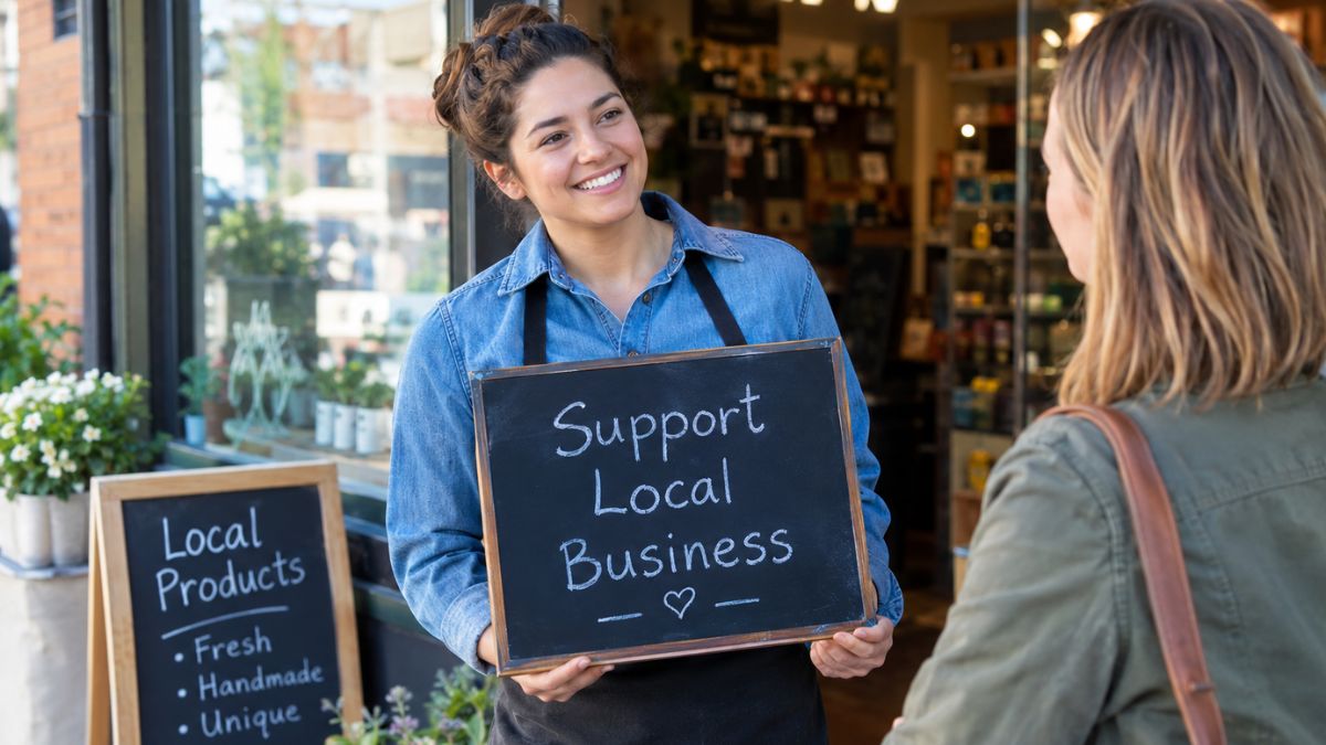 Local business owner holding a Support Local Business sign while talking with a customer