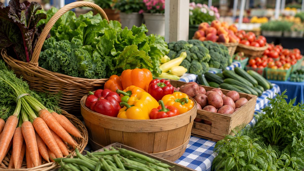 A vibrant display of fresh produce at an outdoor market on a blue-and-white checked tablecloth. Wooden baskets and crates overflow with bright orange, red, and yellow bell peppers, fresh carrots with green tops, green beans, leafy greens, red potatoes, cucumbers, broccoli, and tomatoes.