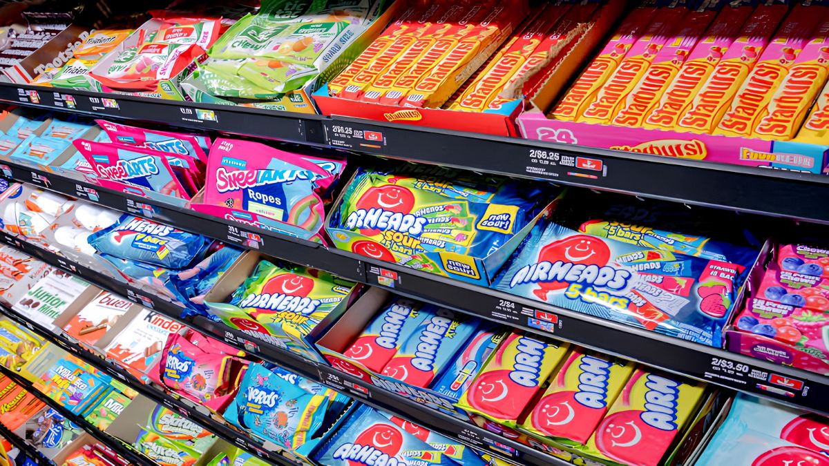 Colorful packages of candy and snacks neatly organized on store shelves in San Ysidro
