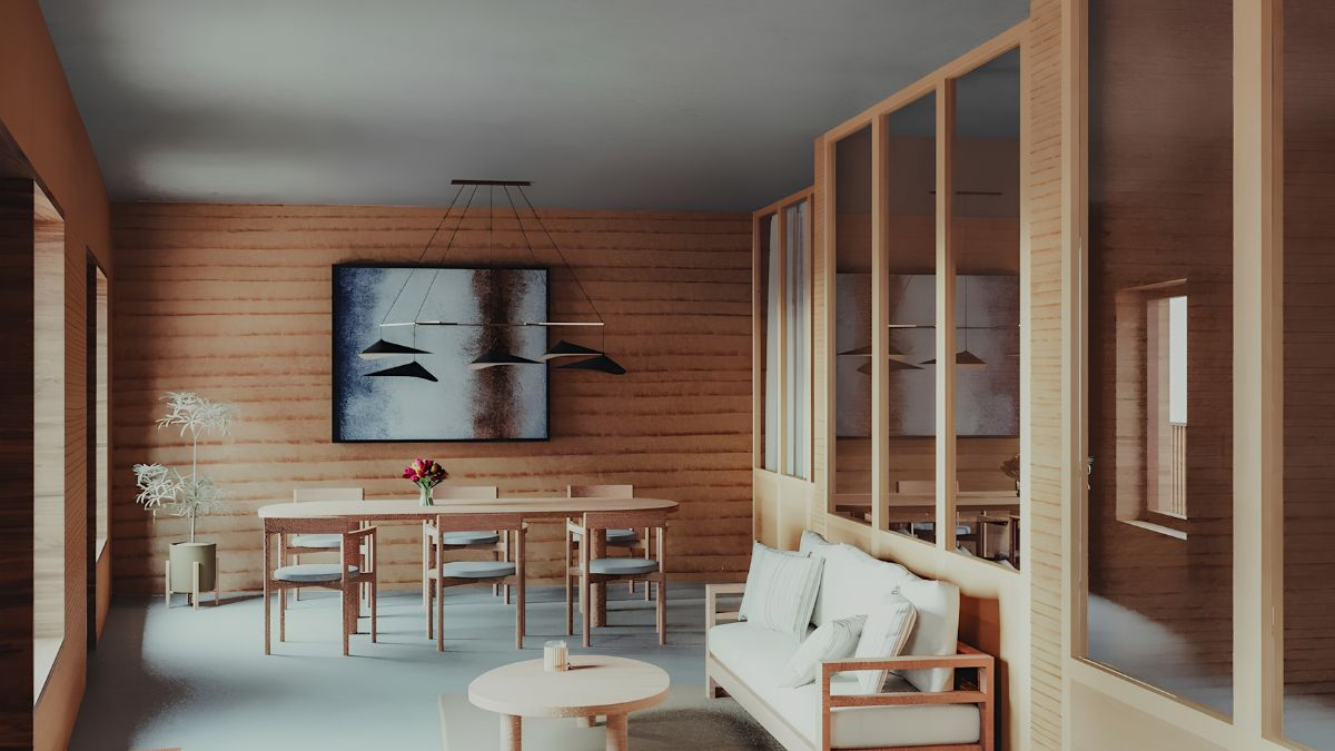 An interior view of a modern apartment living and dining area featuring light wood paneling, a white sofa with throw pillows, a round wooden coffee table, and a dining table with chairs. A large framed abstract artwork hangs on the wooden wall, and glass room dividers separate the space.