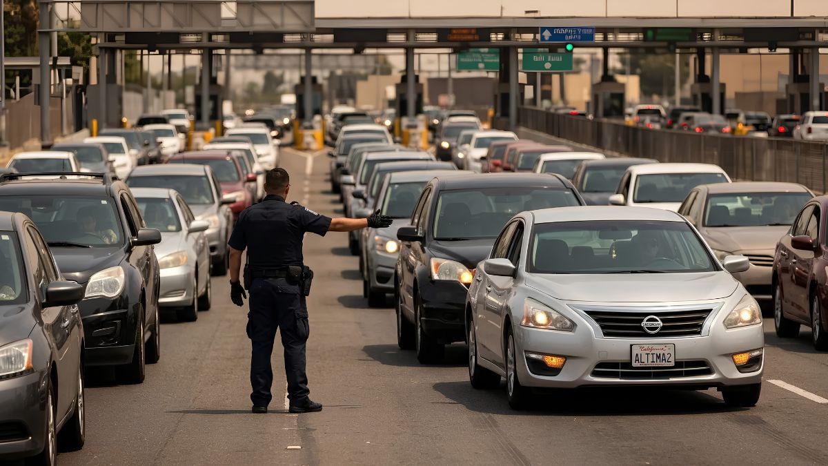 A law enforcement officer in a dark uniform directs heavy vehicle traffic at a busy international border crossing checkpoint.