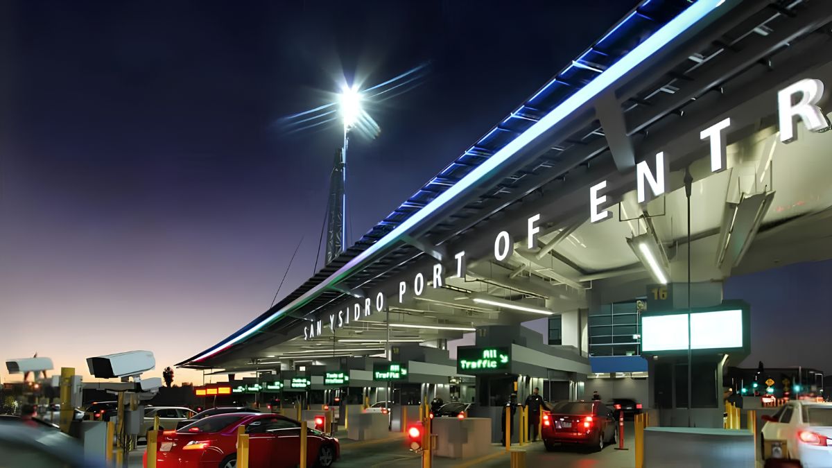 Vehicles lining up at the San Ysidro Port of Entry border crossing during evening hours