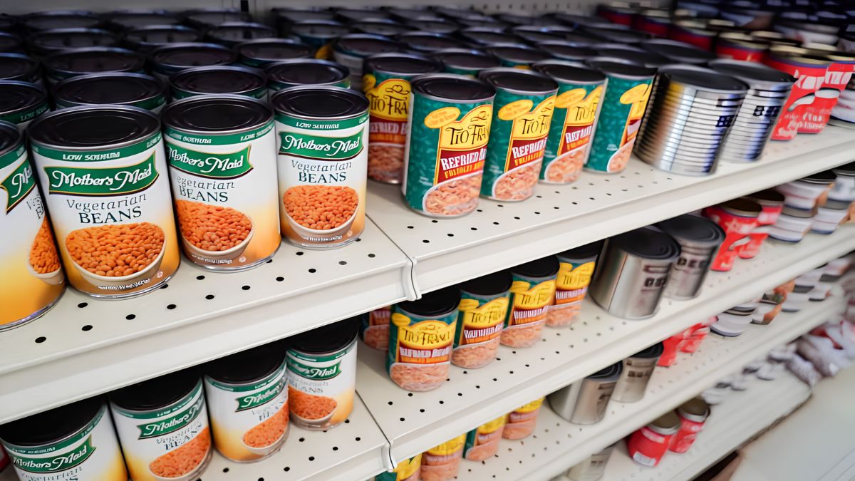 Shelves stocked with canned and shelf-stable goods like vegetarian beans in a grocery store, illustrating a practical food shopping guide for San Ysidro.