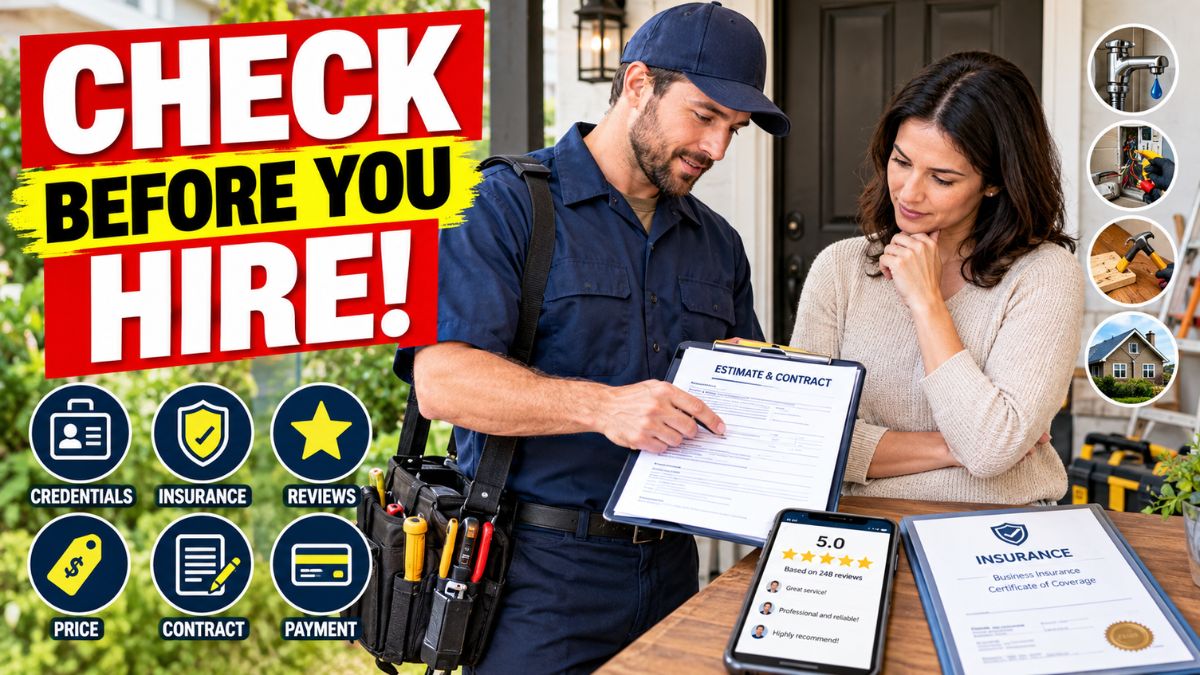 A homeowner reviews a contract and credentials with a professional plumber holding a tablet displaying 4.8-star reviews and a "Licensed & Insured" document. Large text on the left reads "Check Before You Hire." Icons at the bottom list Credentials, Reviews, Insurance, Price, Contract, and Payment.
