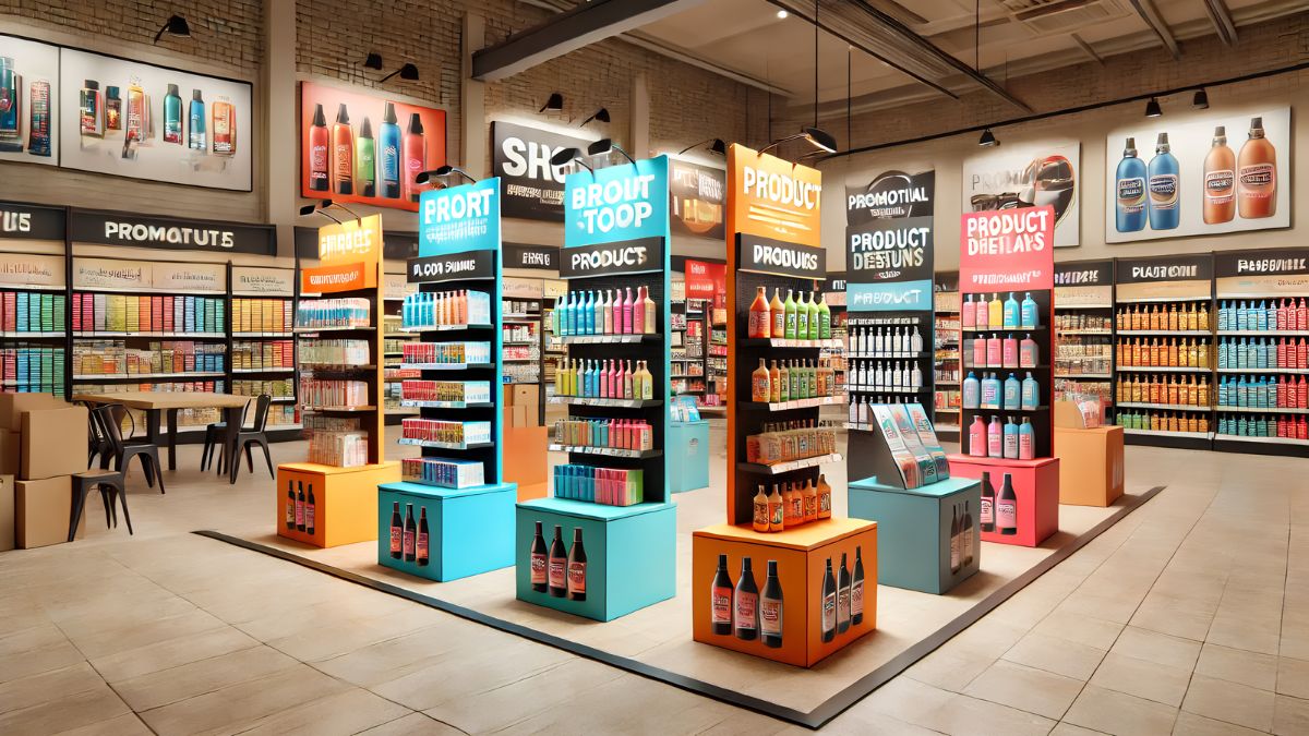 Modern retail store interior featuring colorful product display stands, organized shelving, branded packaging, and messaging designed to enhance storefront appeal for San Ysidro businesses.