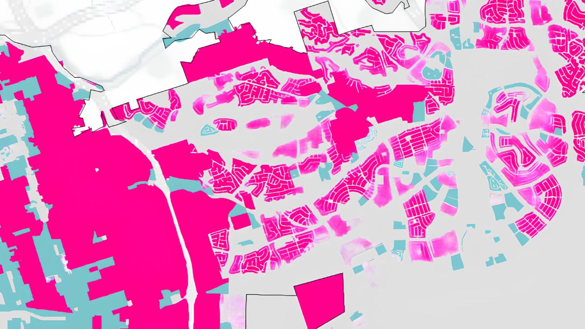 A detailed urban zoning map featuring color-coded sections in pink and blue to illustrate land use and future development for San Ysidro residents.