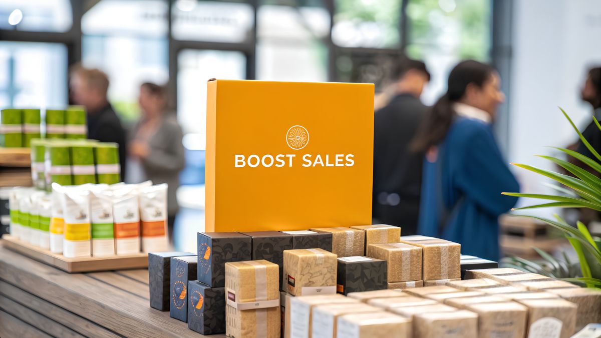A retail counter displaying packaged products and a yellow sign reading "BOOST SALES" inside a store.