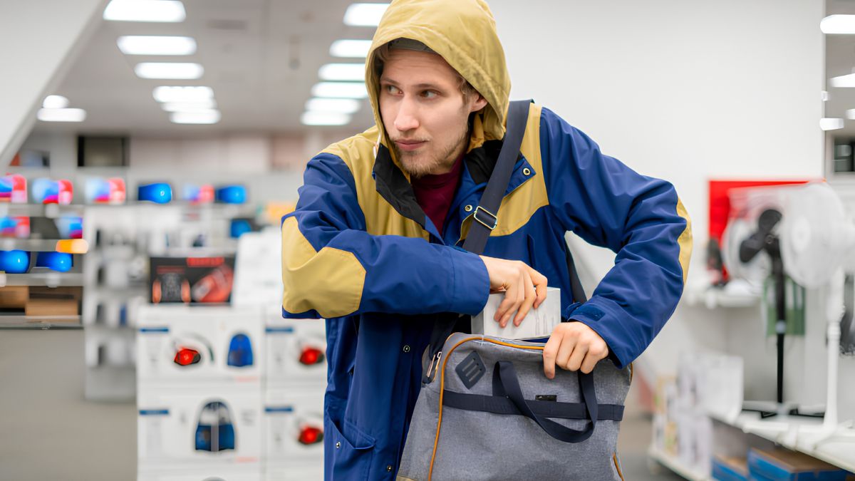 A person in a jacket looking around suspiciously while concealing an item inside a shoulder bag within a retail store.