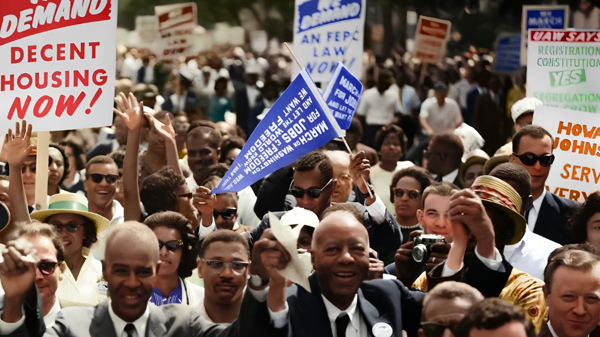 A diverse crowd of people participating in a community march, holding signs demanding decent housing and social support