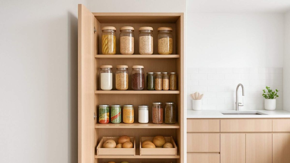 A well-organized wooden pantry cabinet filled with glass storage jars and produce baskets in a modern kitchen.