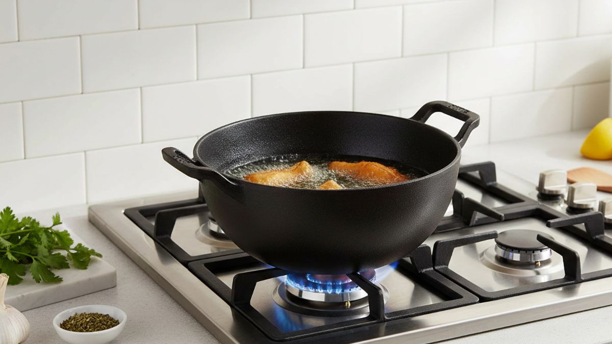 A black, textured cast iron wok sits centered on a stainless steel gas cooktop, with a blue flame visible beneath it. Inside the wok, several pieces of breaded chicken are actively frying in hot, bubbling oil. In the foreground to the left, there is a small bowl of dried herbs and a bundle of fresh cilantro. In the background, a white subway tile backsplash is visible, along with a lemon to the right.