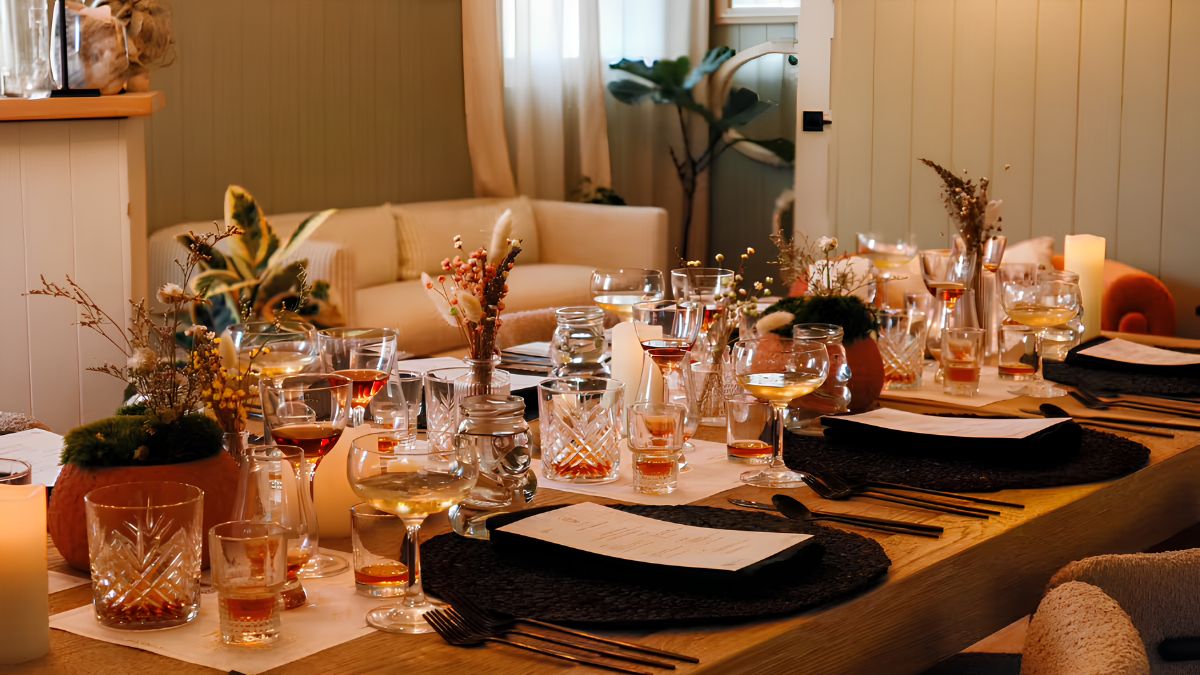 An elegantly set group dining table in San Ysidro with glassware, menus, and place settings, illustrating event planning and reservations.