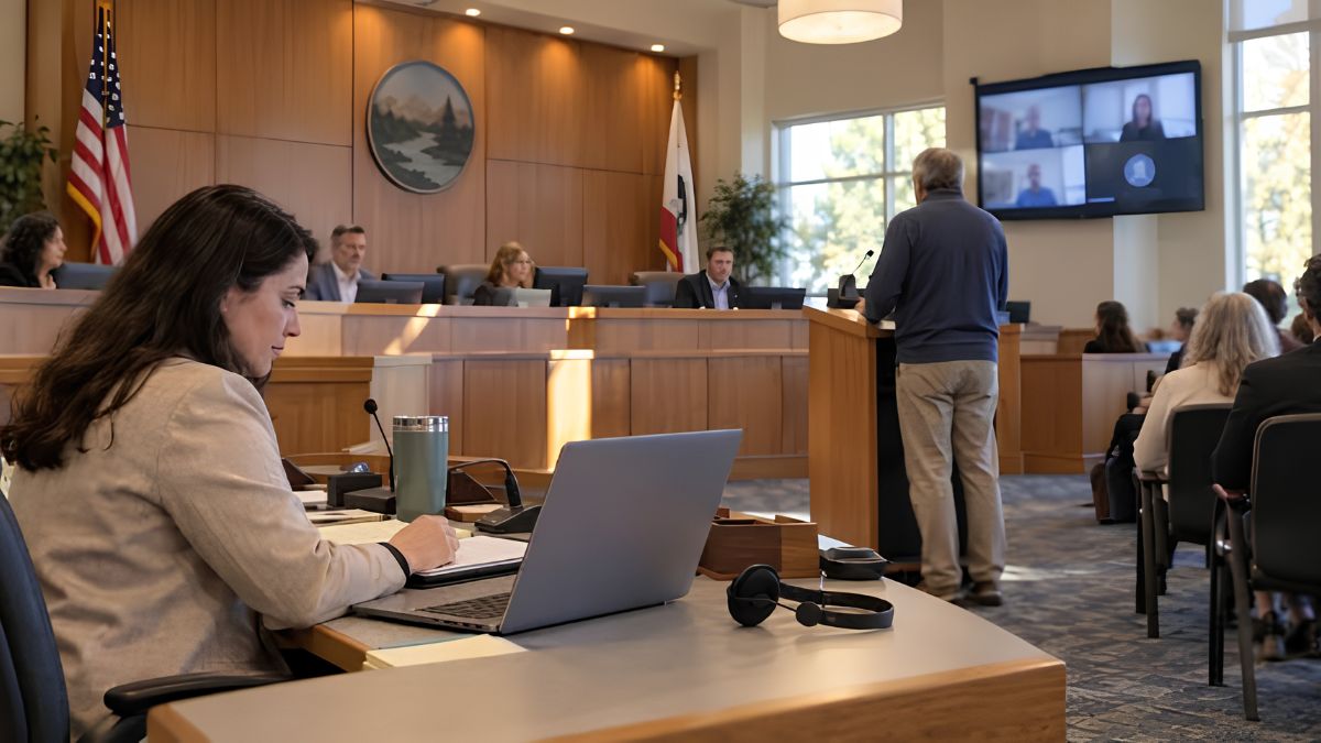A citizen speaking at a podium during a public development meeting or city council hearing