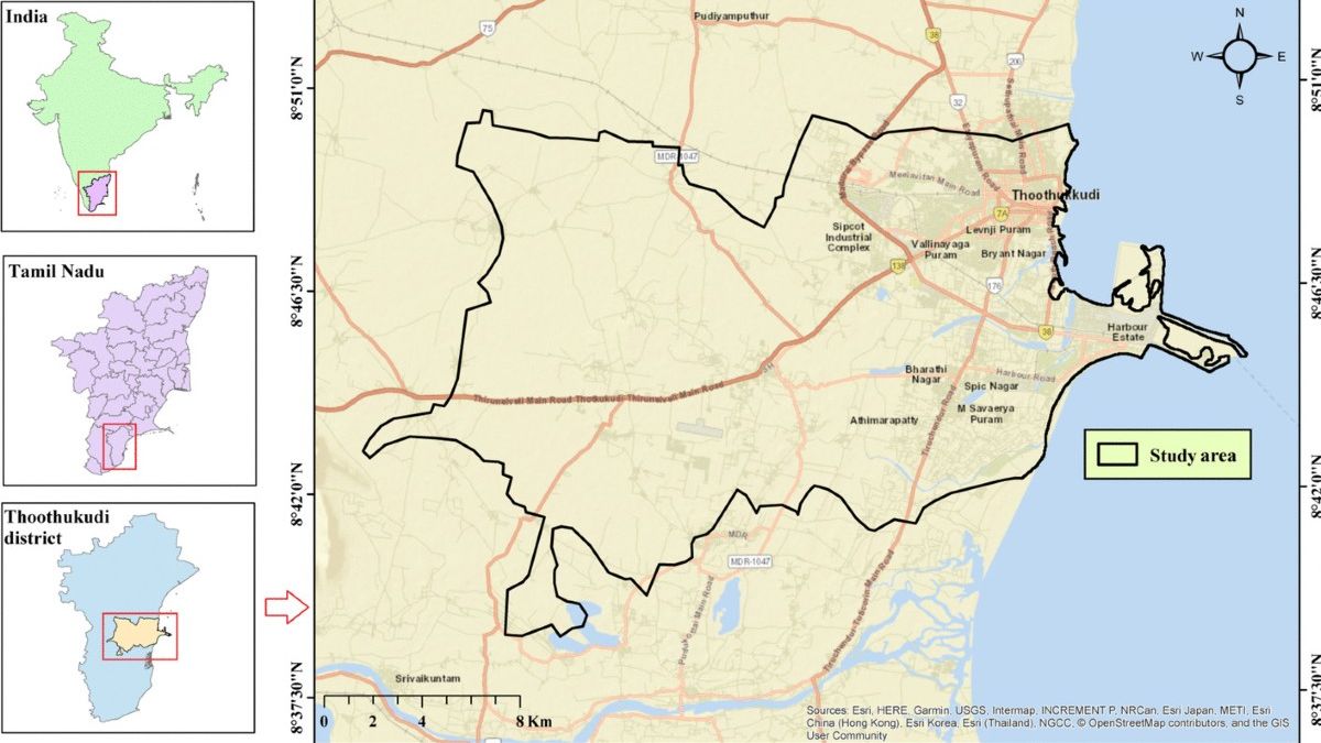 A detailed geographic study area map showing regional terrain, drainage patterns, and environmental conditions to help research flood risk maps.