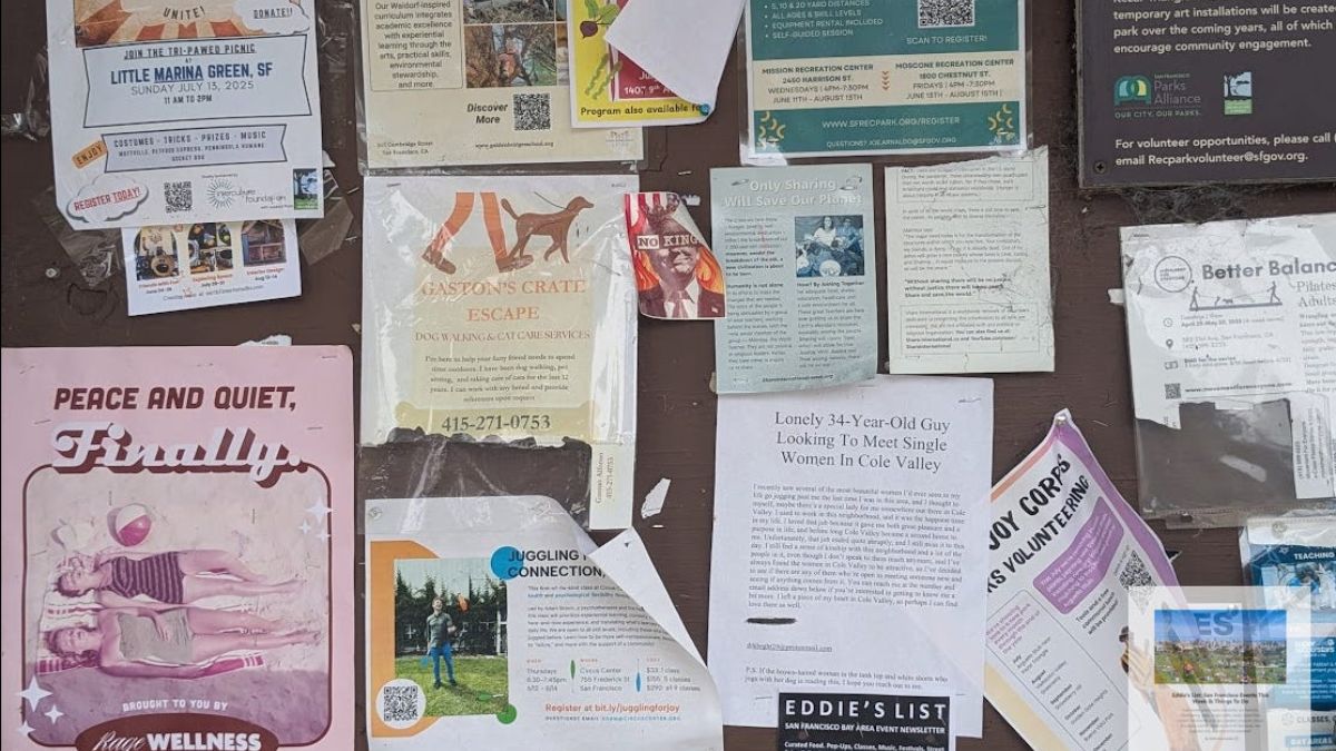 A close-up photograph of a cluttered cork bulletin board densely covered with overlapping flyers, event posters, and personal ads for various local San Francisco Bay Area services, including dog walking, wellness classes, and community events, pinned with miscellaneous tacks.
