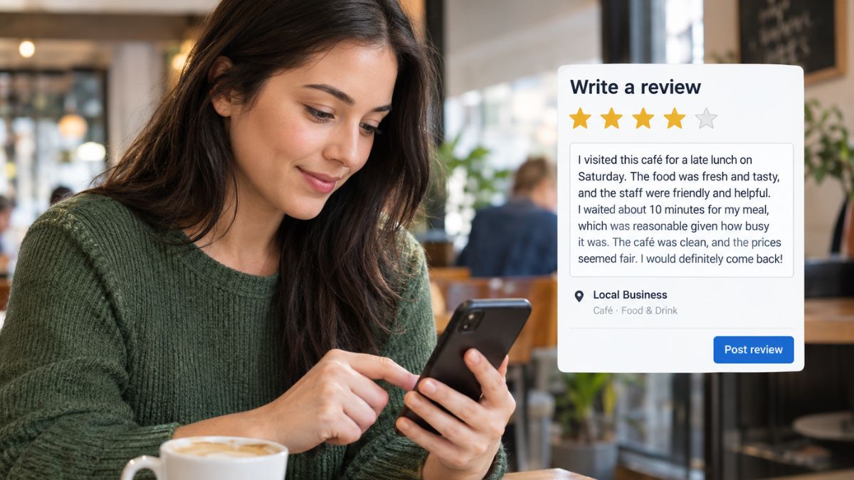 Woman writing a local business review on a smartphone while sitting in a café, with a four-star review form displayed beside her.
