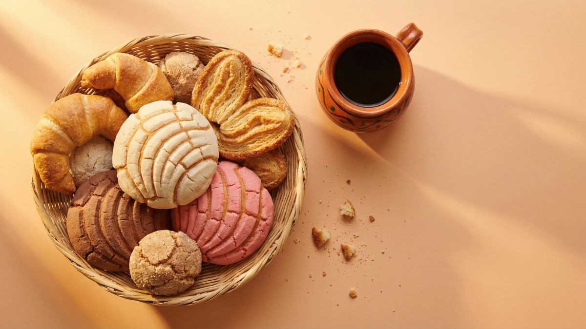 Wicker basket filled with assorted Mexican pan dulce including conchas, pastries, and a cup of coffee