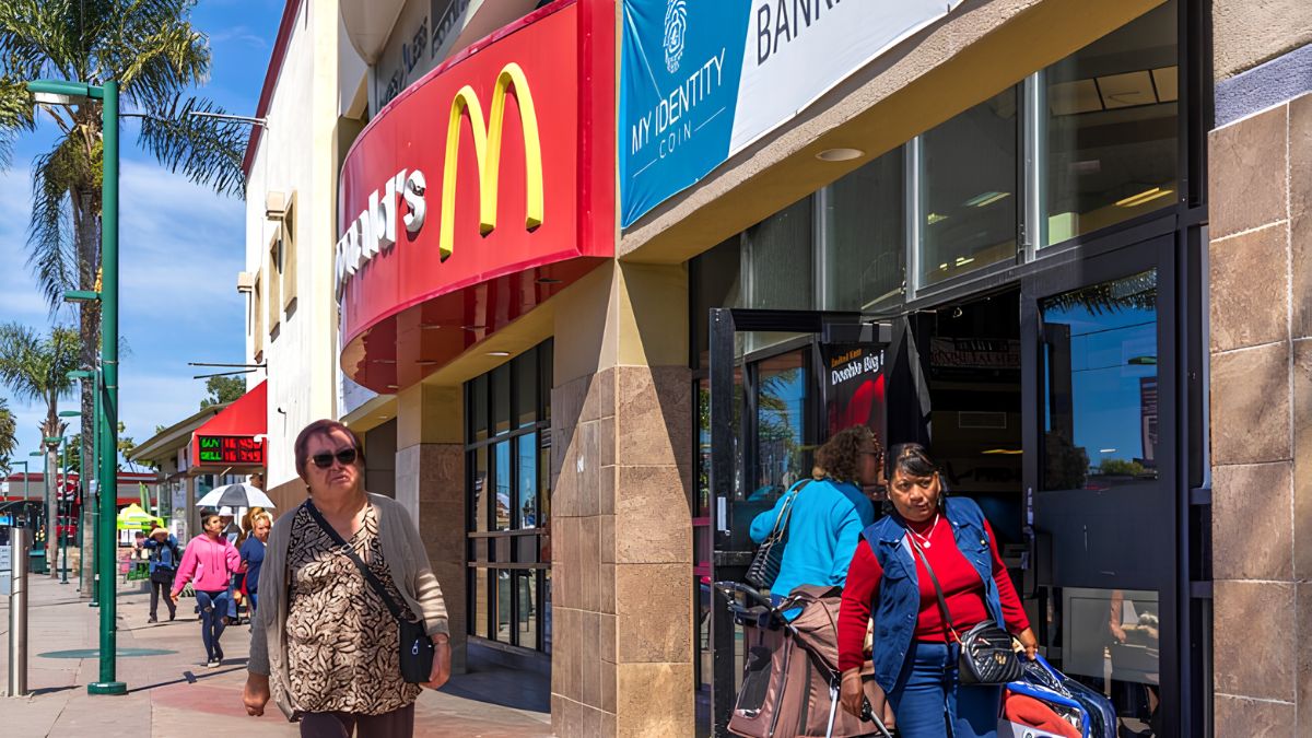 People walking along a commercial street past local shops and a restaurant storefront in San Ysidro on a sunny day.