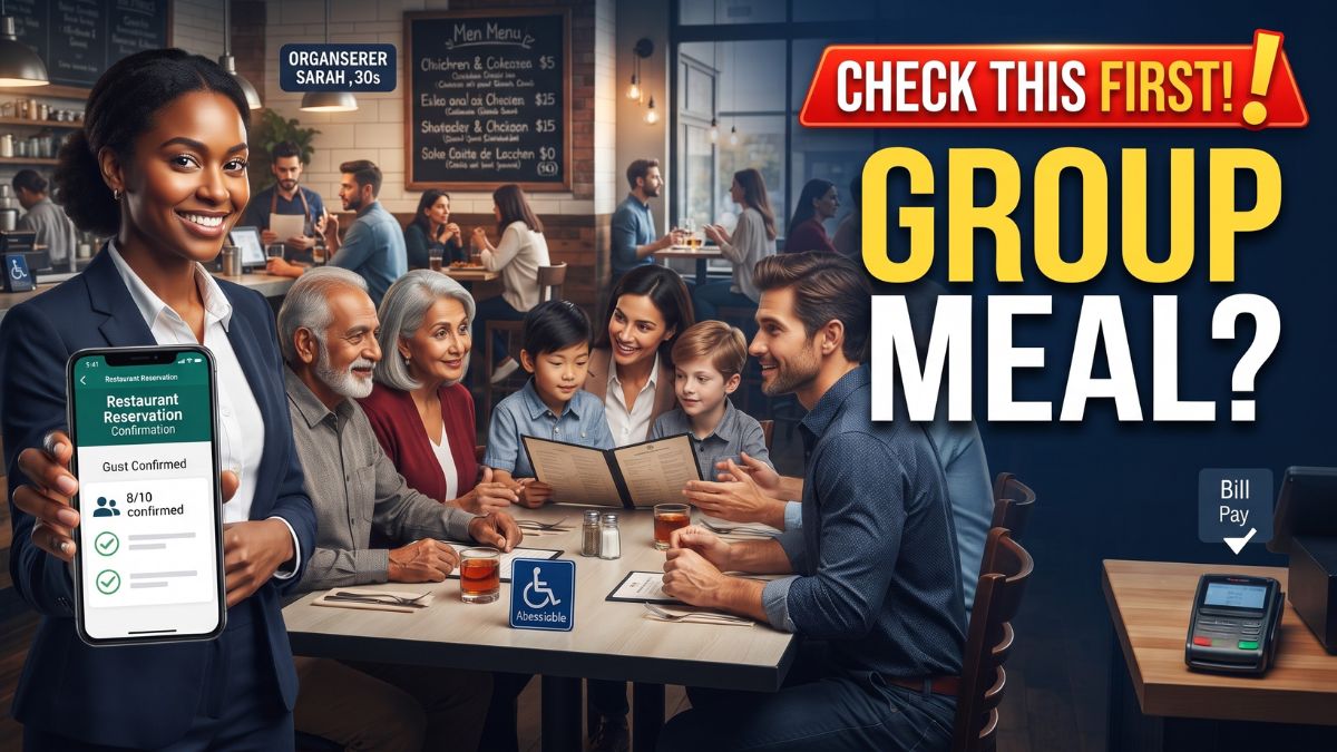 A professional YouTube thumbnail features a diverse group dining in a restaurant. On the left, a businesswoman in a suit smiles while holding a smartphone showing a 'Restaurant Reservation Confirmation' screen for 8/10 guests. Prominent text on the right in yellow and red reads 'CHECK THIS FIRST! GROUP MEAL?'. The background includes a dining table with a family and seniors, and a credit card terminal on a counter with 'Bill Pay' text.