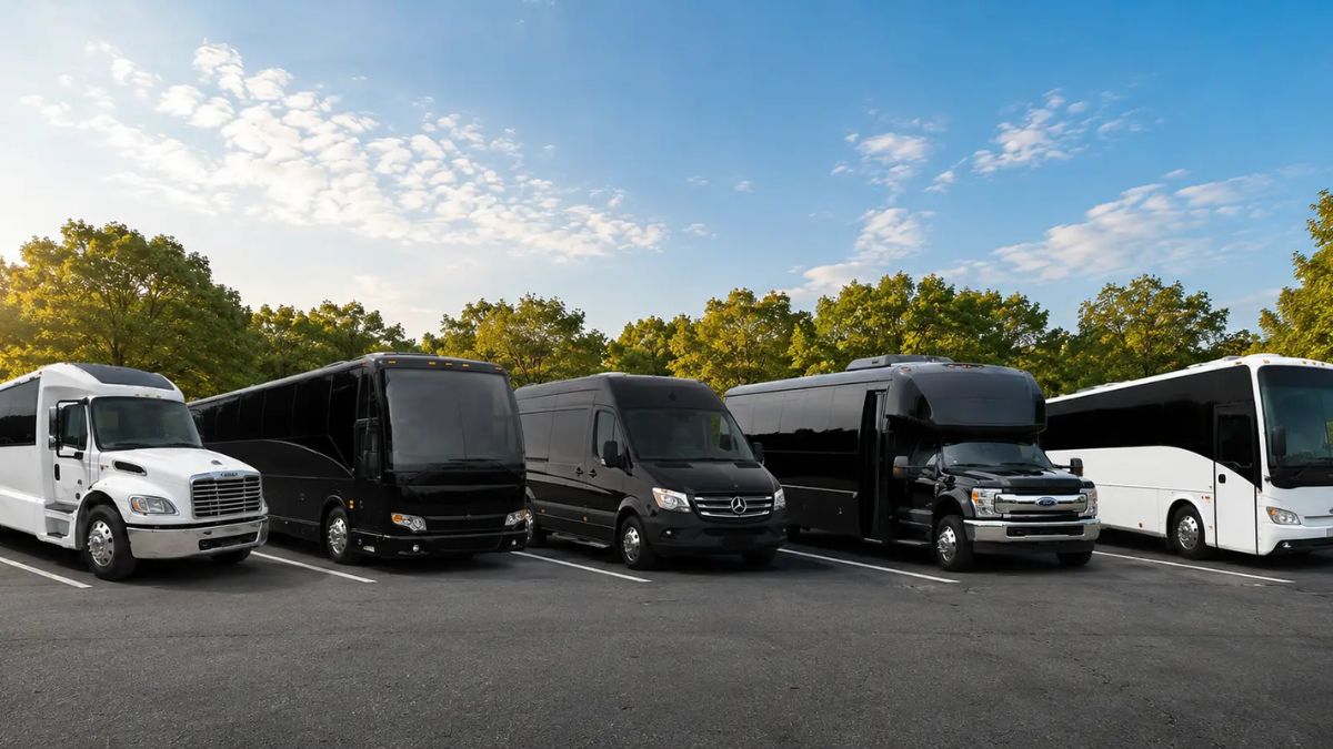 A lineup of various passenger vans, shuttle buses, and coaches parked in a lot under a clear sky.