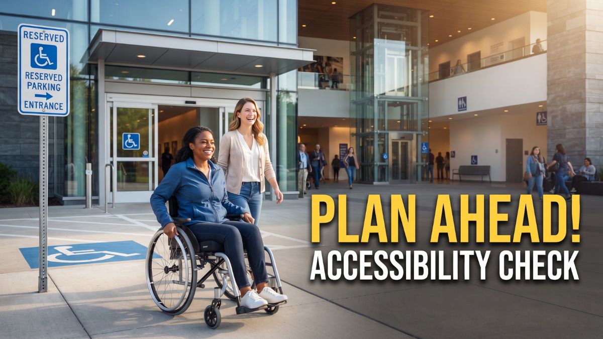 A smiling Black woman in a manual wheelchair and a smiling White woman companion walk together towards the fully accessible glass entrance of a modern building. A prominent blue and white reserved accessible parking sign is visible on the left. Large text on the right reads "PLAN AHEAD! ACCESSIBILITY CHECK".