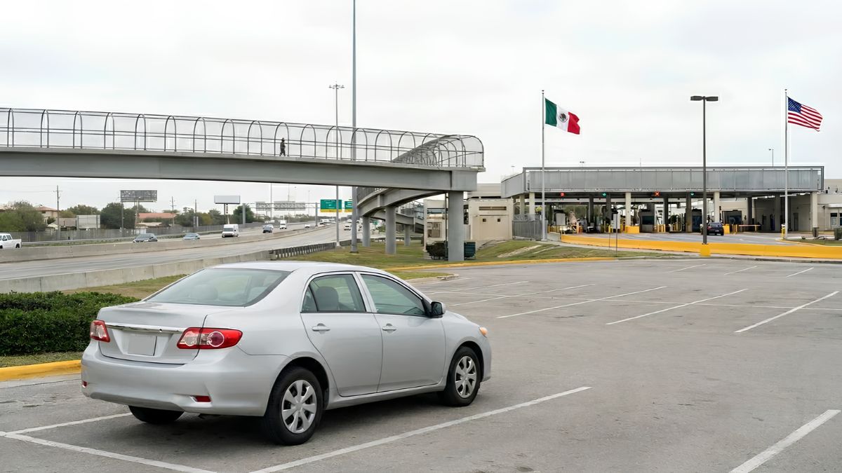 A silver car parked near a border crossing checkpoint with US and Mexican flags visible.