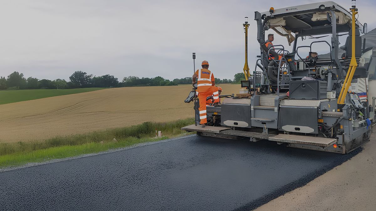 Heavy road paving machine laying fresh asphalt on a highway construction site with workers wearing high-visibility gear.