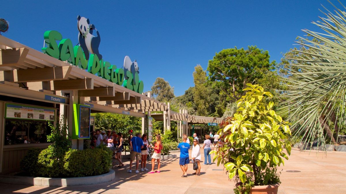 Visitors walking near the ticket entrance sign of the San Diego Zoo on a bright sunny day.