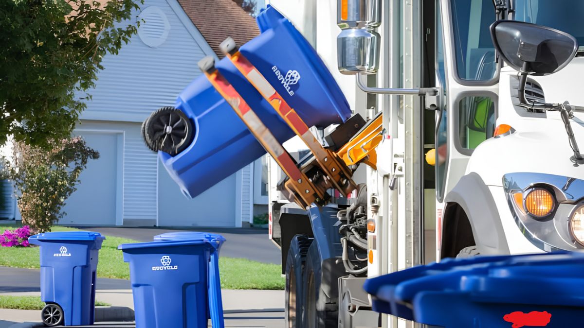 A waste management truck lifting a blue recycling bin into the vehicle on a residential street in San Ysidro.