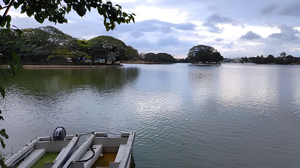 A serene lake and natural water resources surrounded by trees under a cloudy sky, with small boats docked in the foreground.