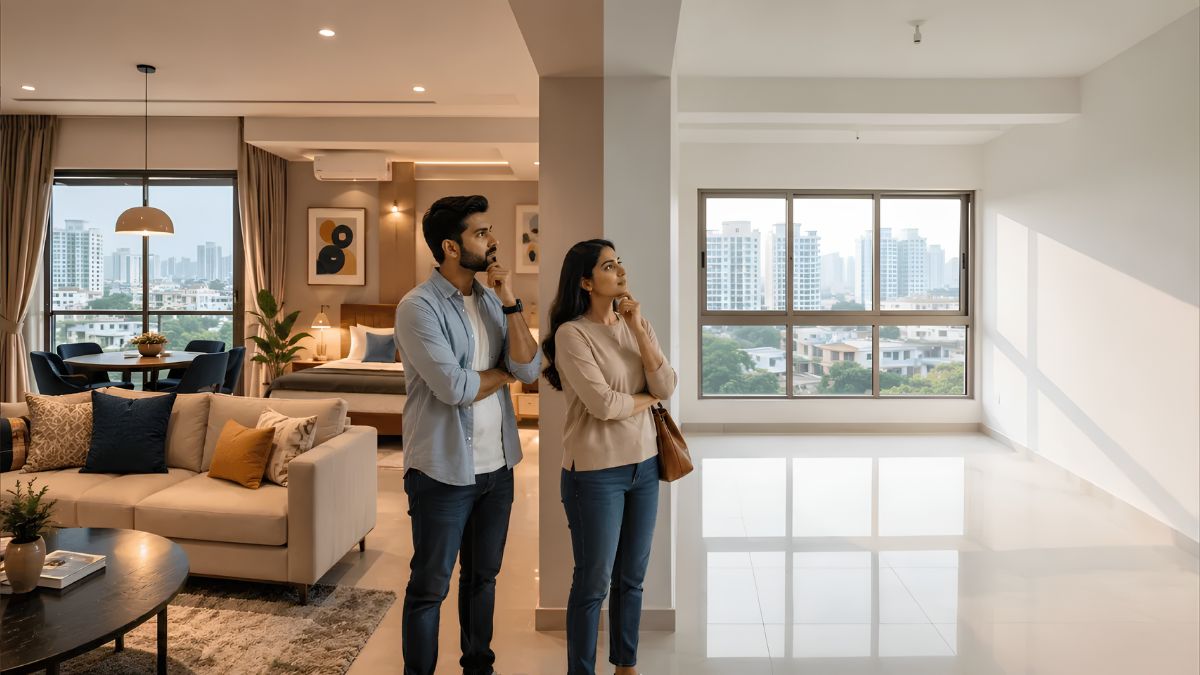 A young South Asian couple standing in a bright, modern apartment interior, thoughtfully considering their new living space.
