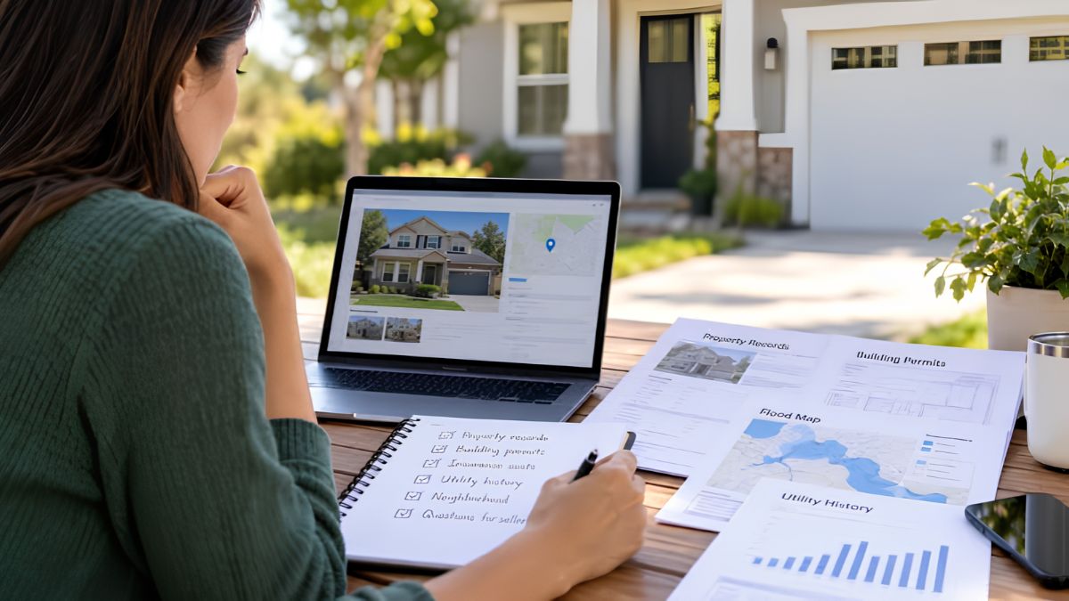 A woman reviewing property records, building permits, and maps on her laptop and desk while researching real estate changes.