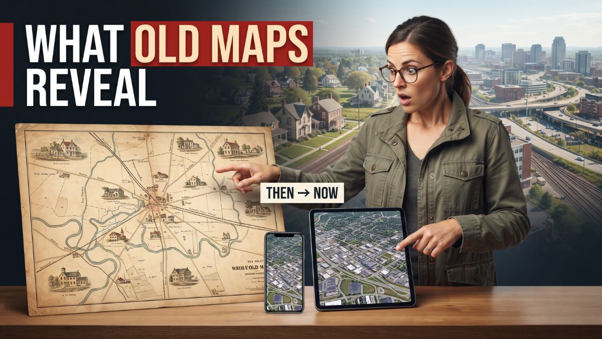 A researcher comparing a vintage historical map with a modern digital map on a tablet to examine how roads, rivers, and boundaries have changed over time.
