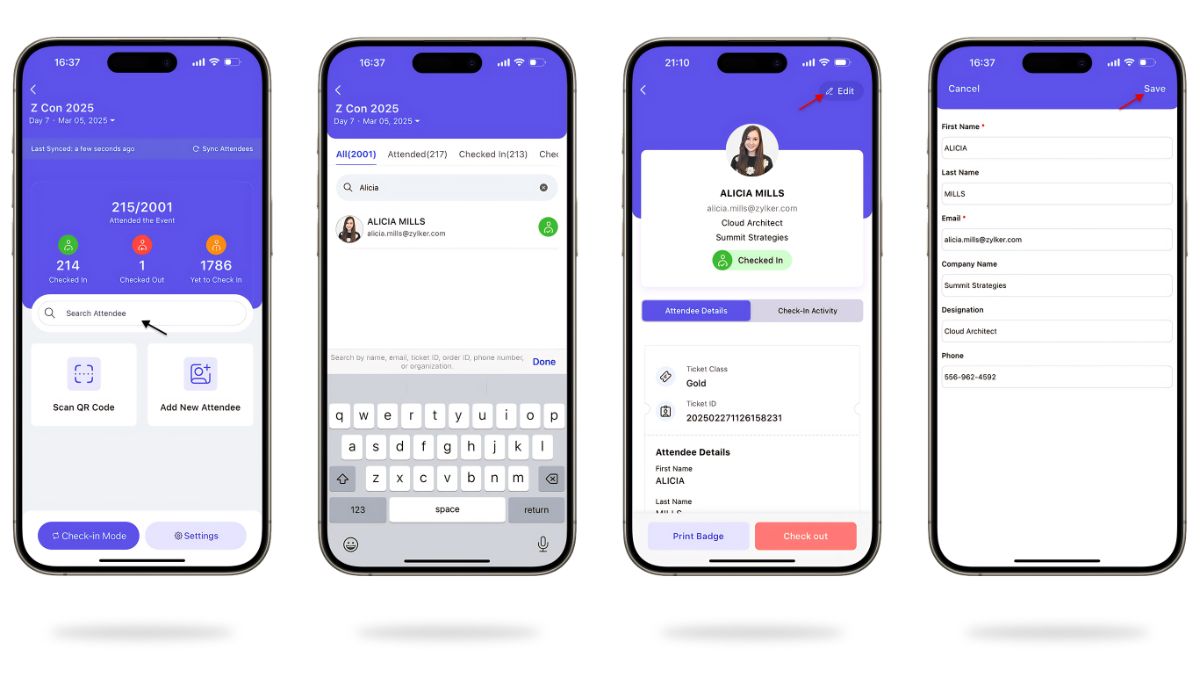 Four smartphone screens displaying a mobile event check-in and attendee management app with search, profile edit, and data entry interfaces.