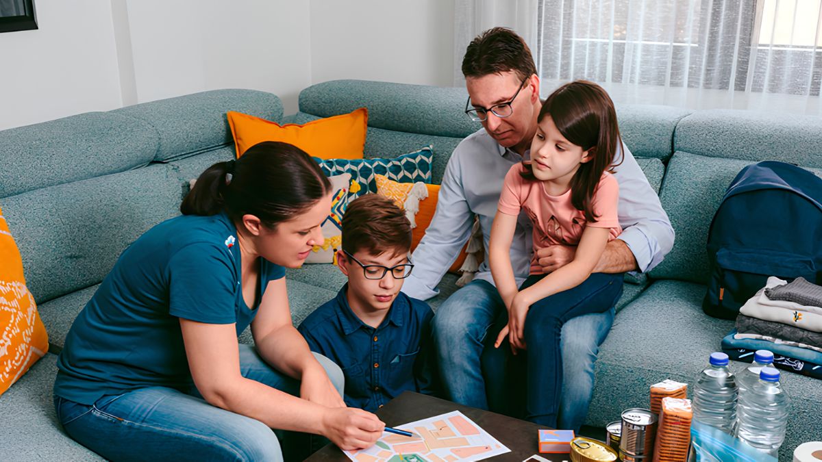 A family sitting together in a living room looking at a map on a table with emergency supplies nearby.