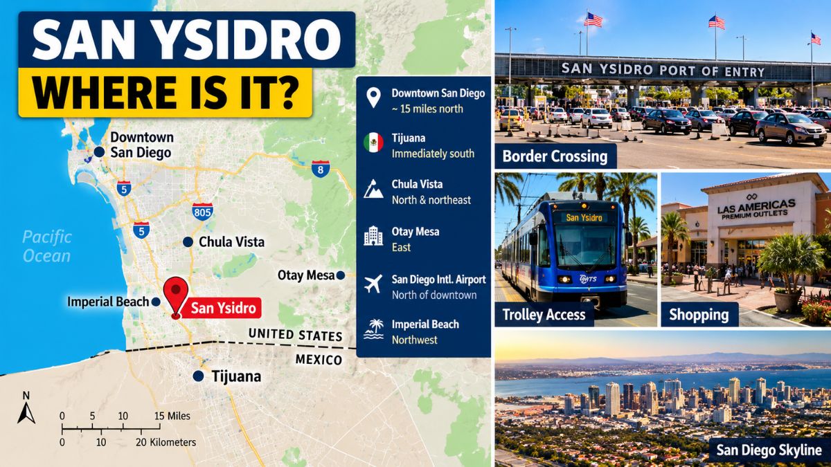 Map showing where San Ysidro is in southern San Diego, with Tijuana, Chula Vista, Otay Mesa, downtown San Diego, the border crossing, trolley, and Las Americas Premium Outlets.