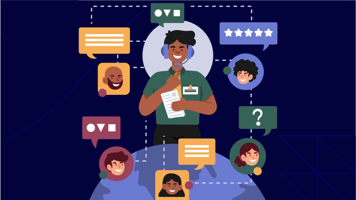 Illustration of a customer service representative wearing a headset and surrounded by diverse customer avatars, chat bubbles, and communication icons.